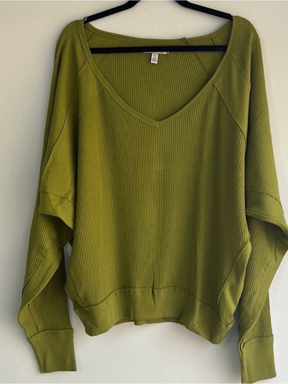 NWT Free People Santa Clara Waffle Knit Long Sleeve Top Ferngully Green Large